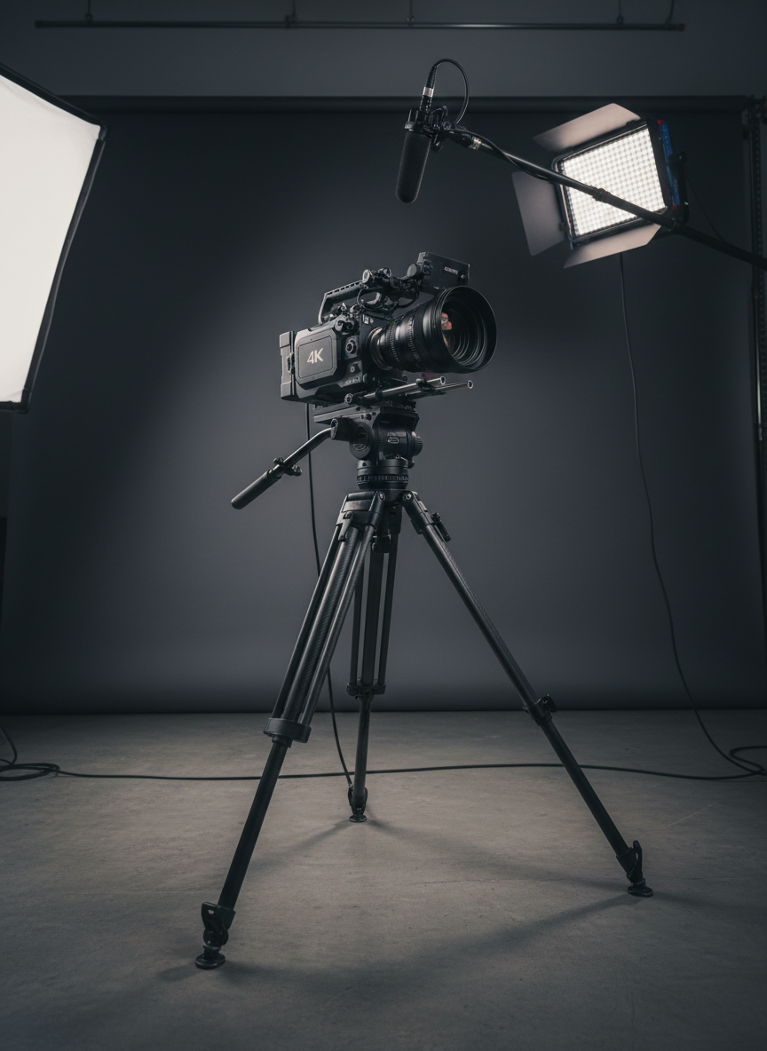 An elegant 4K cinema camera mounted on a sturdy carbon-fiber tripod, positioned in front of a seamless charcoal backdrop inside a modern video production studio. The camera’s matte body, attached follow-focus system, and large cinema lens with detailed glass elements are rendered in sharp photographic realism. A boom microphone and LED panel with barn doors hover just outside the frame, their cables neatly routed along the floor. Soft, directional studio lighting from the left creates defined highlights along the camera edges and gentle shadows on the tripod legs, emphasizing precision craftsmanship. Captured from a low-angle perspective, the composition feels cinematic and powerful, highlighting professional video production capabilities in a clean, controlled environment with subtle reflections on the polished concrete floor.