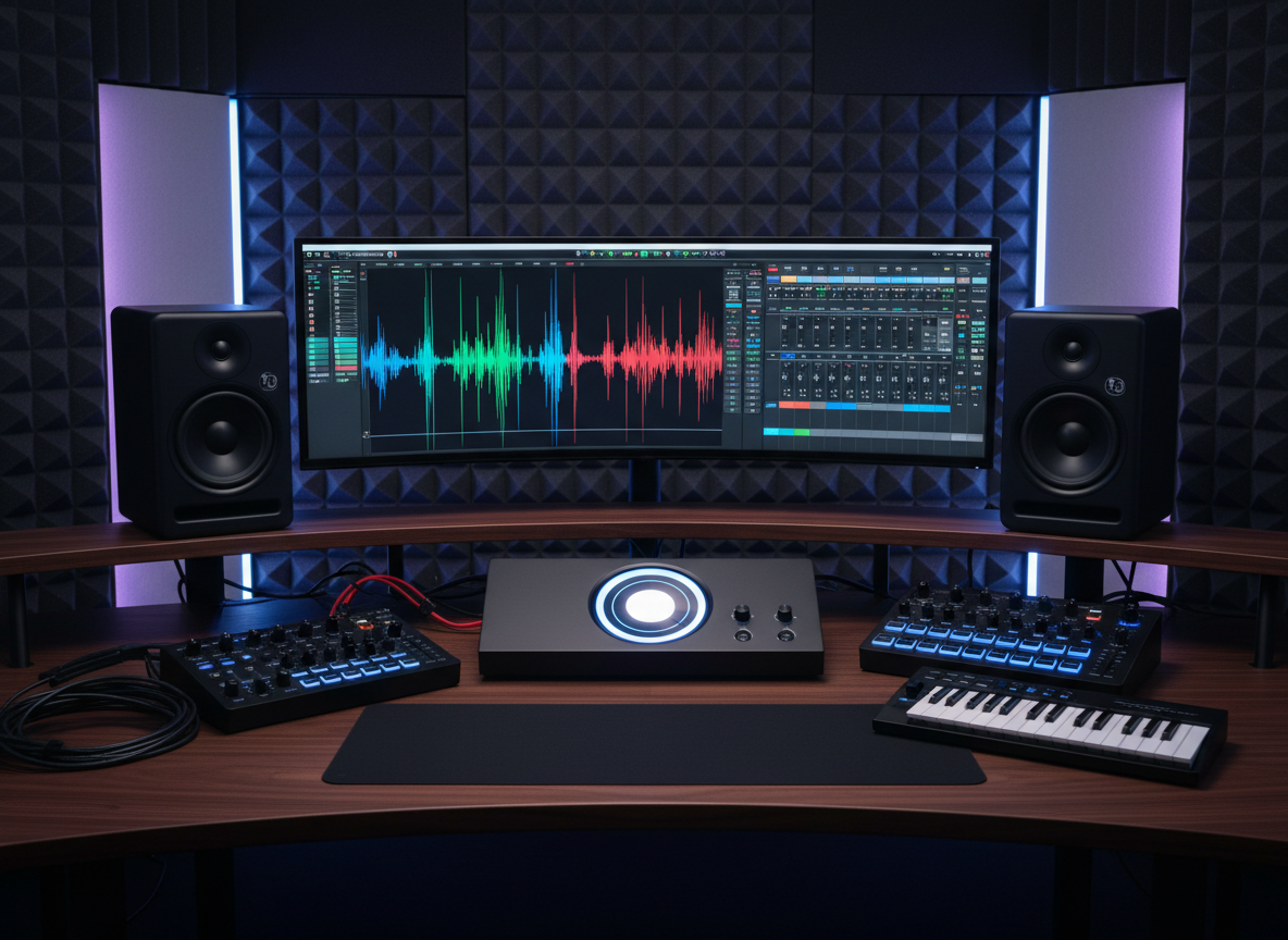 A sleek, matte-black audio workstation spread across a dark walnut studio desk, featuring a glowing digital audio interface, studio monitor speakers, and a large ultra-wide screen displaying a colorful waveform and mixing console. LED-backlit hardware controllers, a compact MIDI keyboard, and neatly coiled cables create a sense of precision and order. The scene is set in a modern production suite with acoustic foam panels and subtle RGB accent lighting along the wall edges. Soft, focused studio lighting highlights the controls and textures, casting minimal shadows. Captured in photographic realism at eye level with a shallow depth of field, the composition emphasizes clarity, professionalism, and high-end media production, with the background gently blurred for a clean, modern atmosphere.