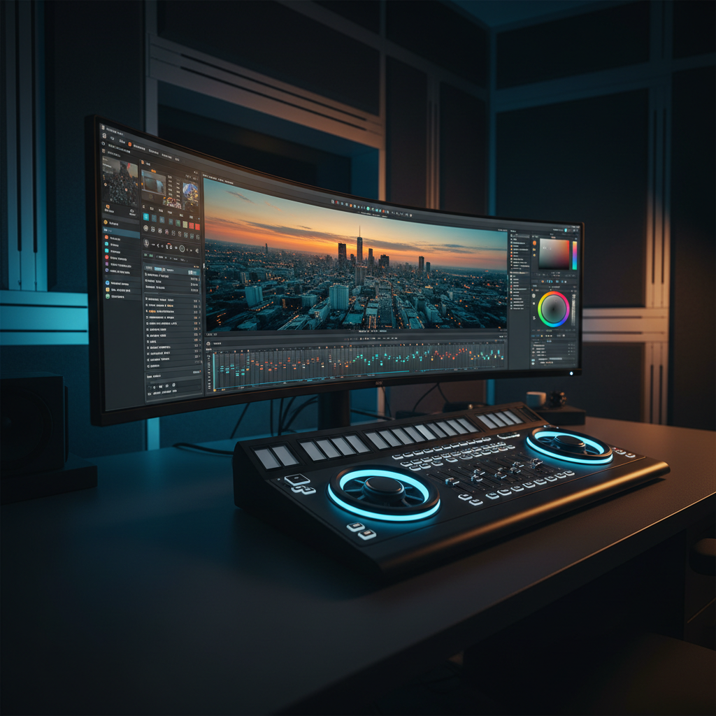 A cinematic editing bay with a curved ultrawide monitor displaying a dramatic color grading interface, where a vibrant cityscape video fills the screen with rich oranges and teal shadows. Below, a professional editing console with illuminated jog wheels, faders, and programmable buttons rests on a matte charcoal desk. Surrounding the workspace are subtle hints of soundproofing and cable management channels integrated into the walls. A single warm key light from the right contrasts with cool ambient blue backlighting behind the monitor, creating depth and atmosphere. Photographic realism, captured from a slightly off-center eye-level angle with a shallow depth of field, emphasizes the tools of high-end video and photo editing, conveying precision, focus, and storytelling craftsmanship.