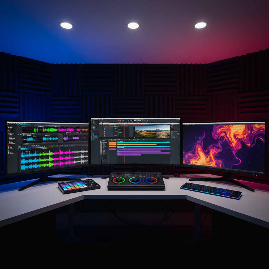A vibrant composite workspace featuring three large monitors arranged in a gentle arc on a clean white desk, each screen displaying different creative projects: a colorful audio waveform, a cinematic video timeline, and a generative AI visual interface with evolving abstract designs. A compact MIDI pad controller, a precision editing console with color wheels, and a slim mechanical keyboard with subtle backlighting sit neatly in front. The environment is a modern studio with dark acoustic panels and a soft gradient LED wash on the back wall shifting from deep blue to magenta. Even, diffused overhead lighting creates minimal glare on the screens while emphasizing their vivid content. Shot at eye level in photographic realism with moderate depth of field, the composition feels dynamic and innovative, representing the full spectrum of media production and AI-powered creativity.