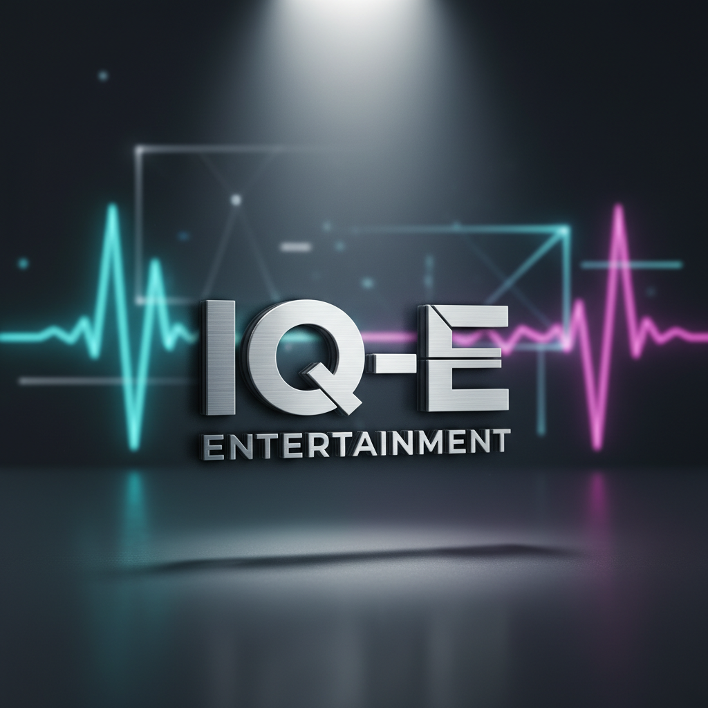 A minimalist product-style shot of the IQ-E Entertainment logo rendered as a three-dimensional metallic emblem, floating slightly above a smooth, dark graphite surface. Subtle etched lines and a brushed metal texture give the emblem depth, while a soft white spotlight from above creates a crisp highlight along its upper edge and a diffused shadow beneath. In the background, out-of-focus hints of audio waveforms and geometric light patterns suggest sound, video, and digital design converging. Photographic realism with a centered composition and shallow depth of field lends a premium, professional feel, ideal for a homepage hero graphic representing a cutting-edge media production brand.