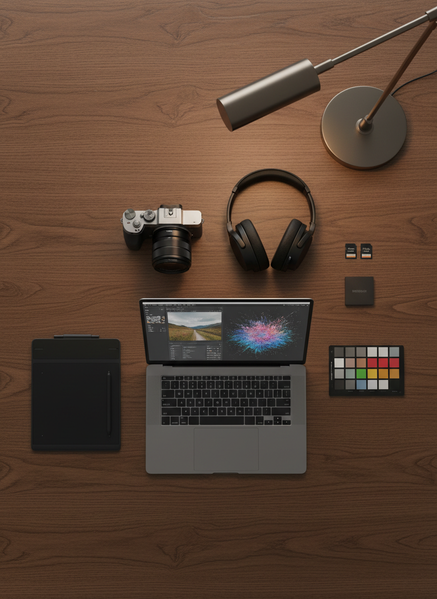 A meticulously arranged flat lay of a media creator’s desk featuring a mirrorless camera with a prime lens, a pair of high-end noise-cancelling headphones, a graphic tablet with pen, and a sleek laptop showing a split screen of photo editing and AI-generated artwork. The items rest on a smooth, dark oak surface with a subtle grain, complemented by a minimalist metallic desk lamp casting soft, warm light from the upper right. A stack of SD cards, an external SSD, and a color calibration card add to the sense of technical precision. Photographic realism with a top-down bird’s-eye view, sharp focus throughout, and a balanced, symmetrical composition creates a professional, organized mood emphasizing integrated photo, video, editing, and generative AI design services.