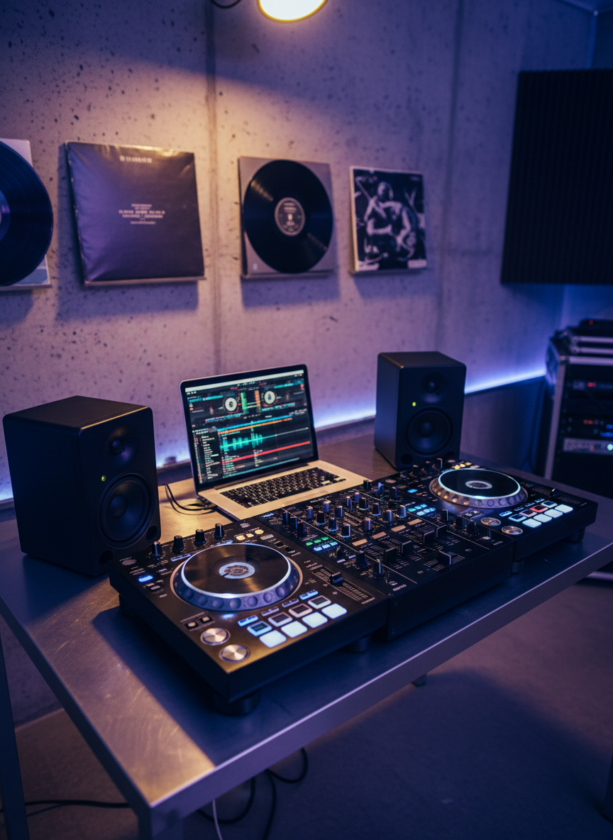 A polished black turntable and DJ controller setup resting on a brushed metal table in a minimalist media studio, with twin studio monitors flanking a laptop displaying a vibrant DJ mixing interface. Vinyl records in matte sleeves lean against a concrete wall, adding subtle texture. Cool blue and purple LED strip lights wash the background, while a warm spotlight from above highlights the chrome knobs, jog wheels, and backlit buttons. Photographic realism, captured from a slightly elevated three-quarter angle, showcases crisp details on the hardware while the far end of the room falls into a soft bokeh. The mood is energetic yet controlled, evoking a professional DJ and music service environment ready for a live set or recording session.